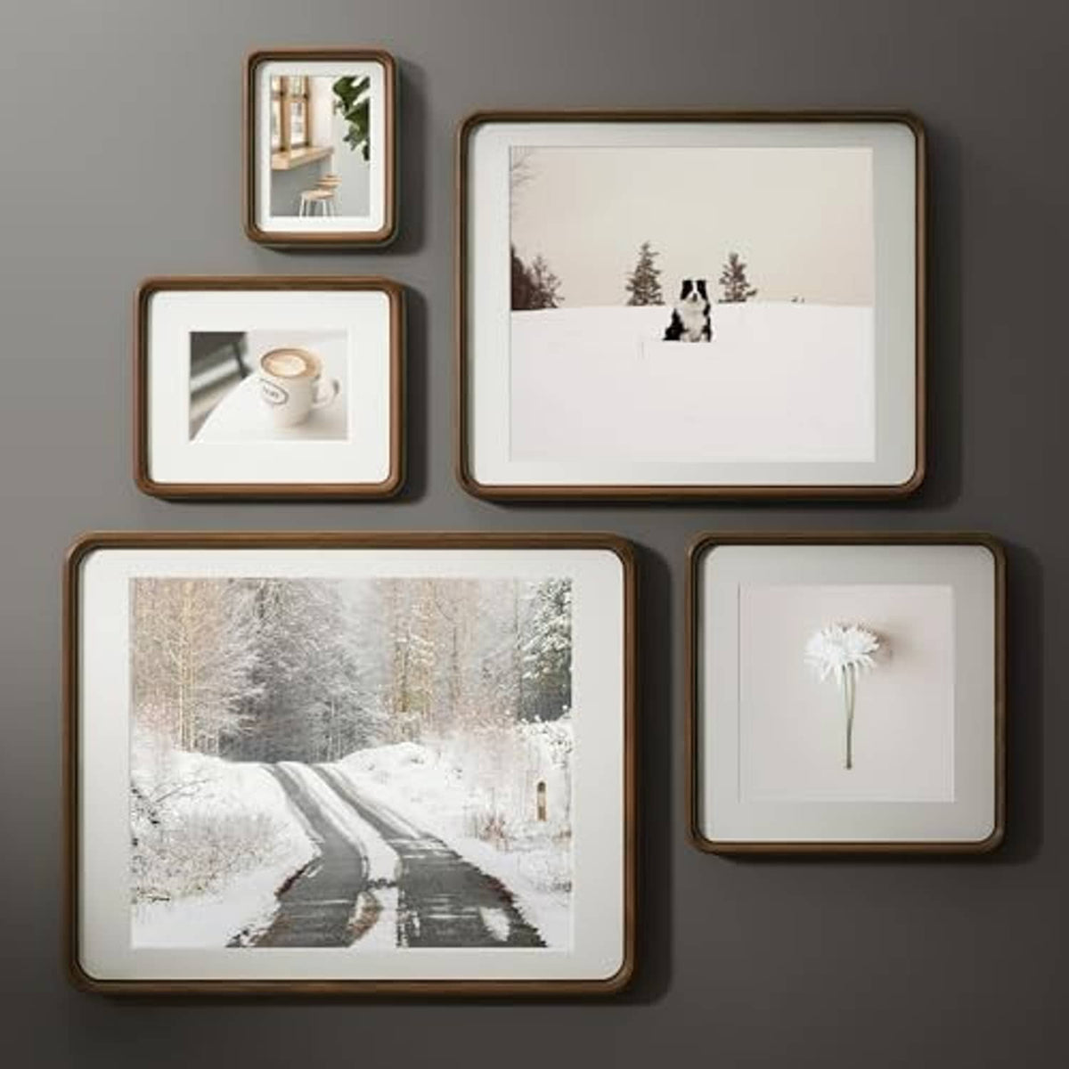 Walnut picture frame set with multiple photos and white mat accents