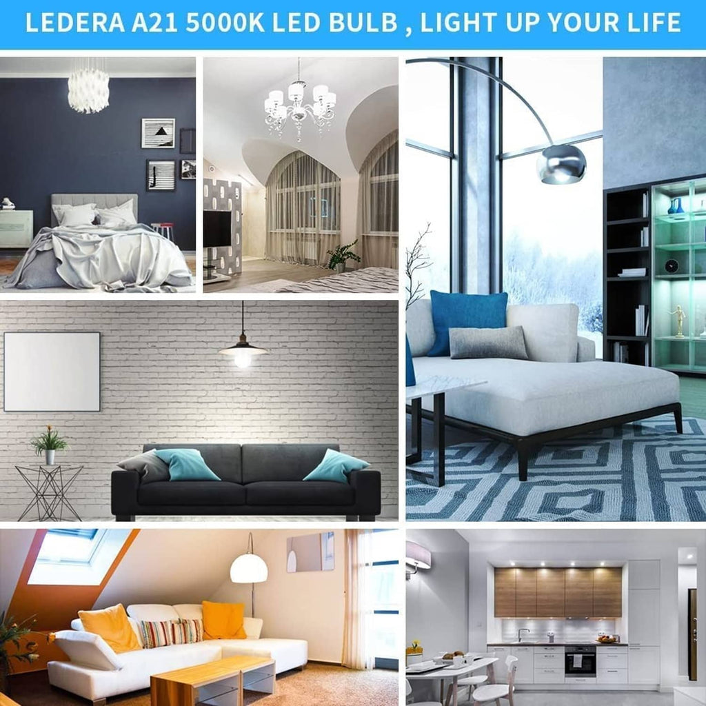 LED A21 5000K light bulbs shown in home lighting scenes for brighter rooms.