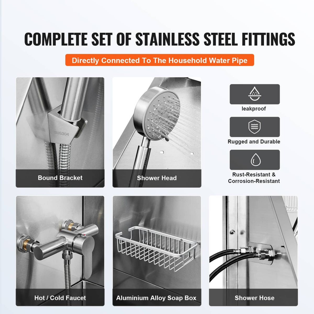 Stainless steel bath tub fittings set including shower head, hose, faucet, and soap holder