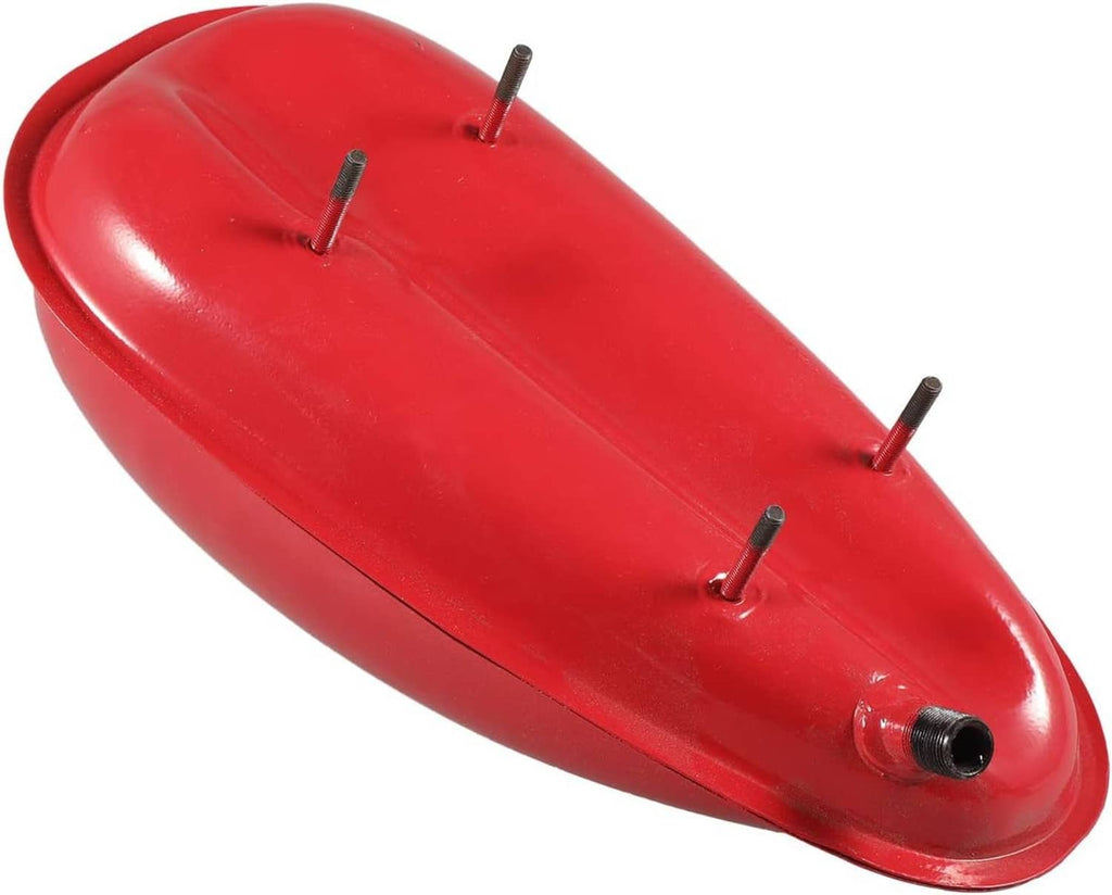 Red fuel tank base with four mounting pins and threaded outlet port