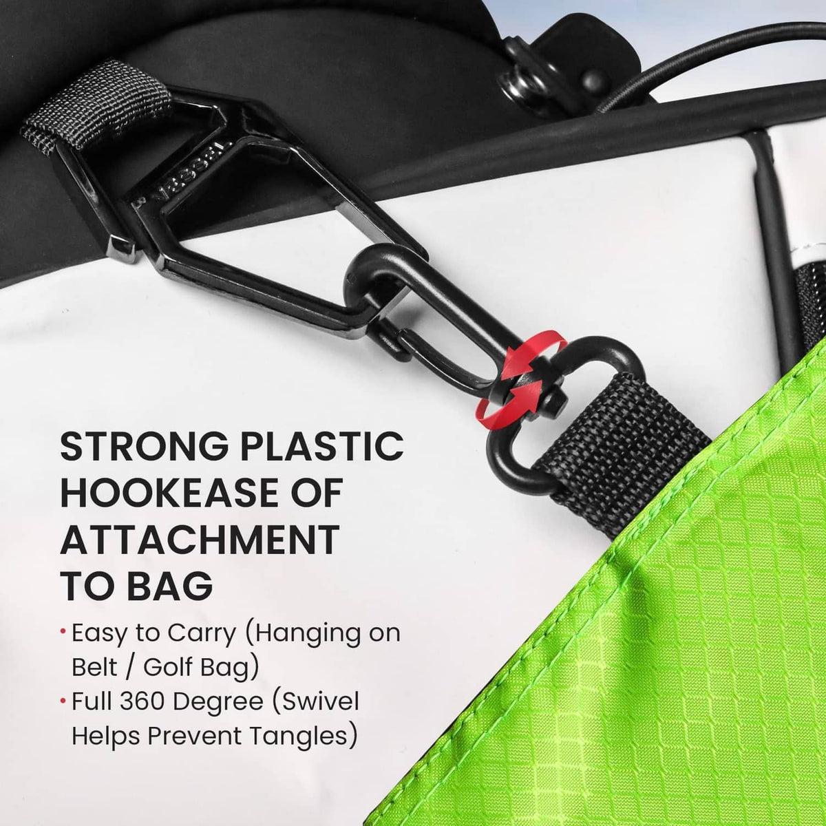 Green golf pouch bag corner with sturdy black plastic hook and 360° swivel belt holder