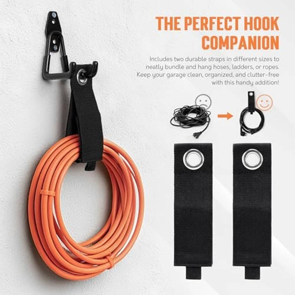 Black garage hook with hanging strap holder, showing two hook-mounted fabric sleeves