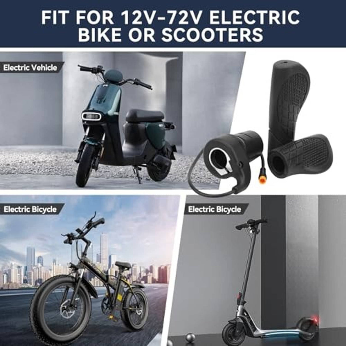 Black half-twist throttle grips with textured rubber and attached cable for electric bikes.