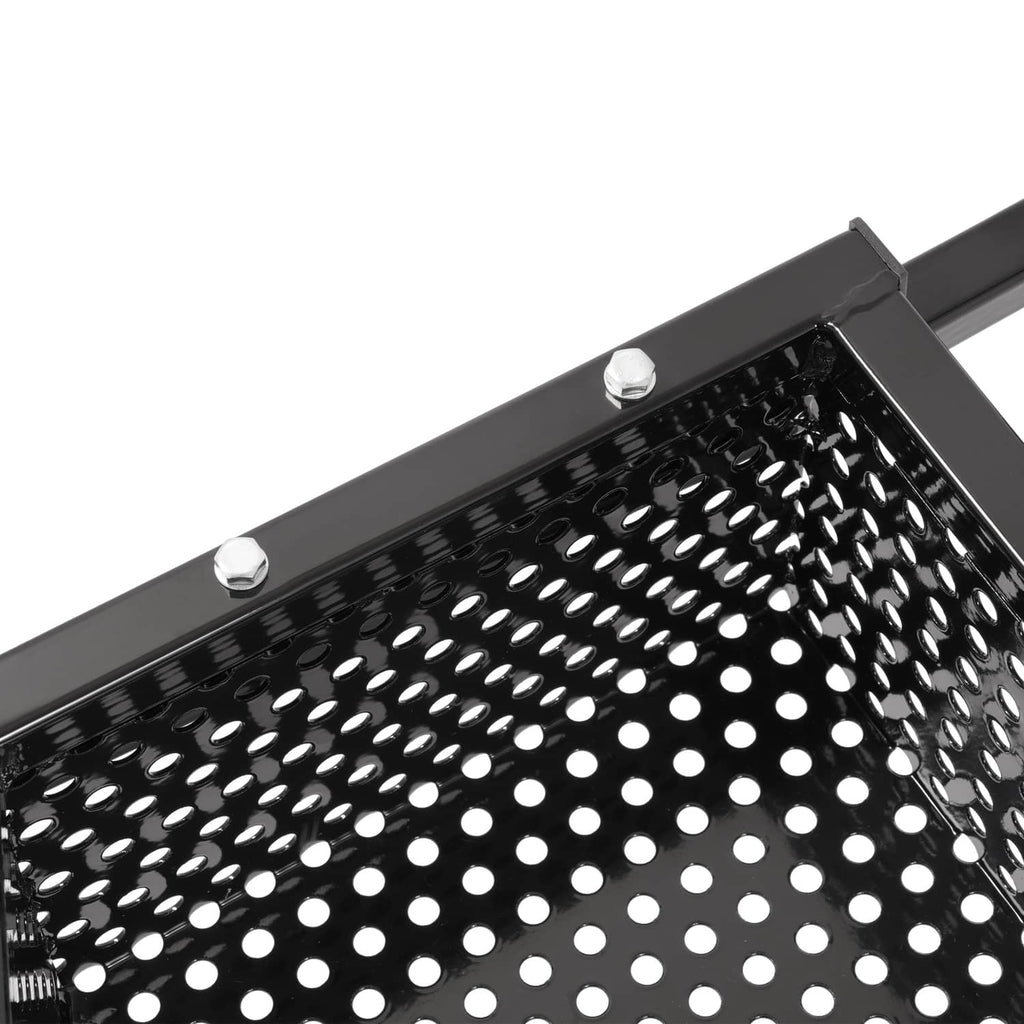 Close-up of perforated mesh panel on black front cargo basket