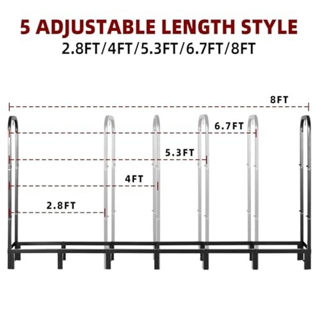 Adjustable firewood rack frame with arched ends and multiple log-support bars