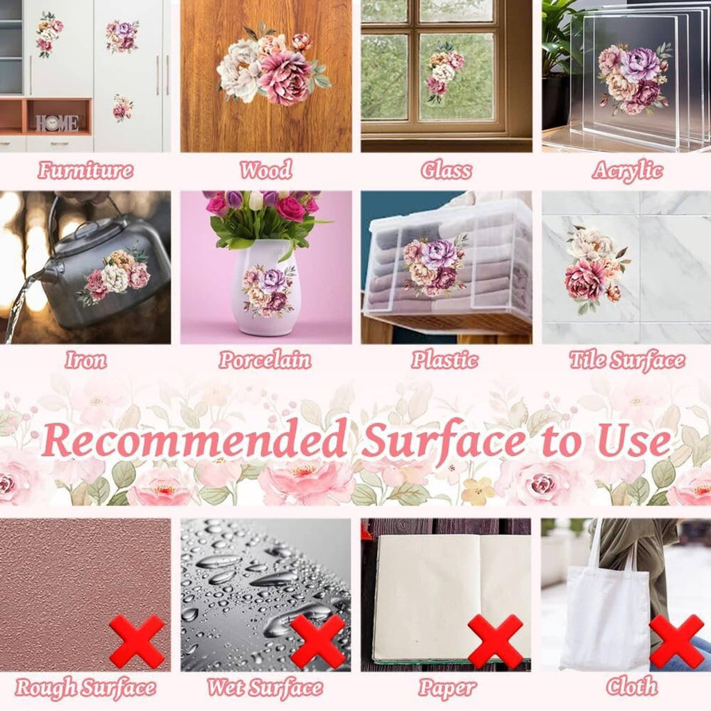 Rub-on transfer stickers featuring pink roses and green foliage for multiple surfaces