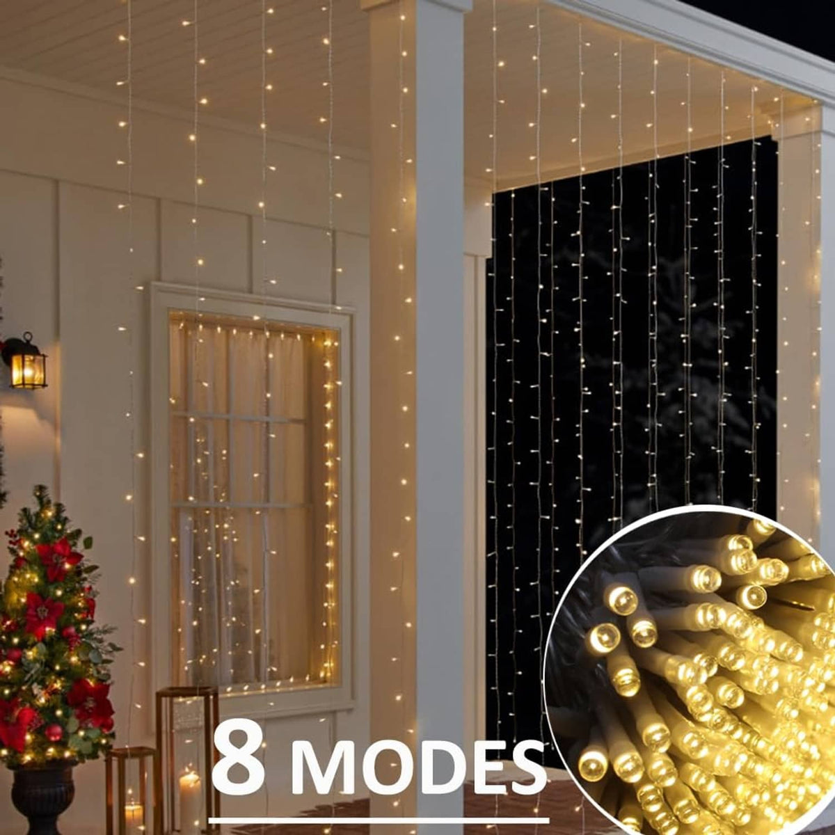 Warm white LED curtain light strands hanging beside a doorway and window