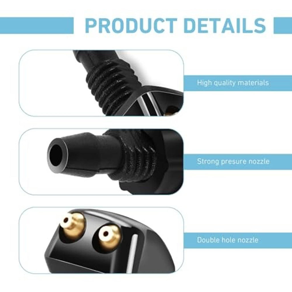 Black washer nozzle details: threaded stem and dual-hole brass outlets