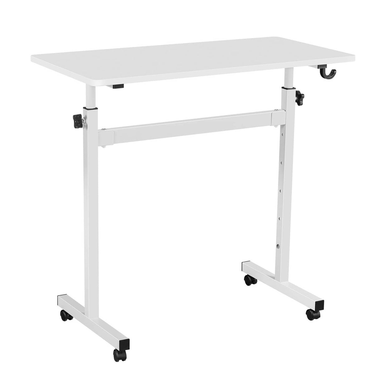 Adjustable height mobile standing desk with white tabletop and caster wheels