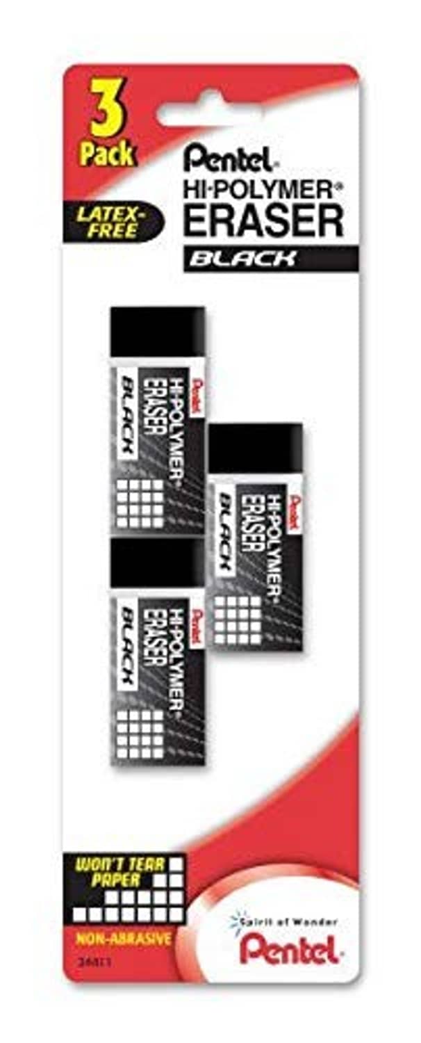 Pentel Hi-Polymer black block eraser 3-pack on blister card with three erasers