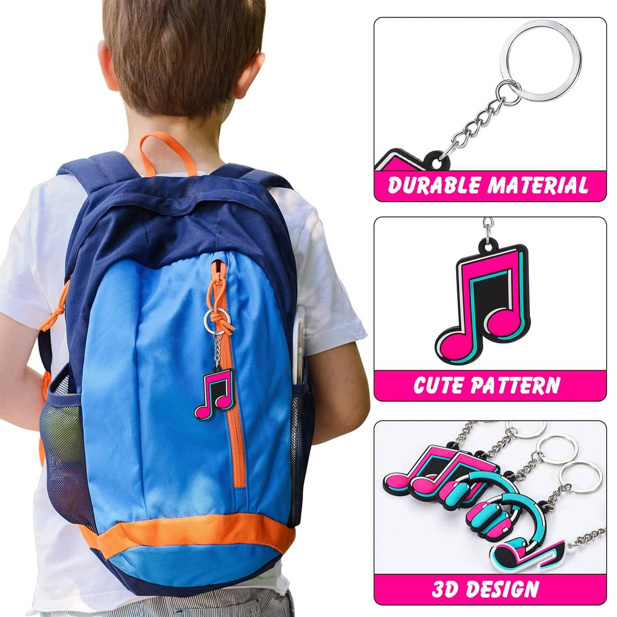 Colorful music-note keychain charm on a metal keyring, shown on a backpack