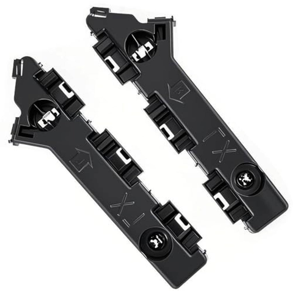 Two black front bumper cover brackets with mounting clips and screw holes