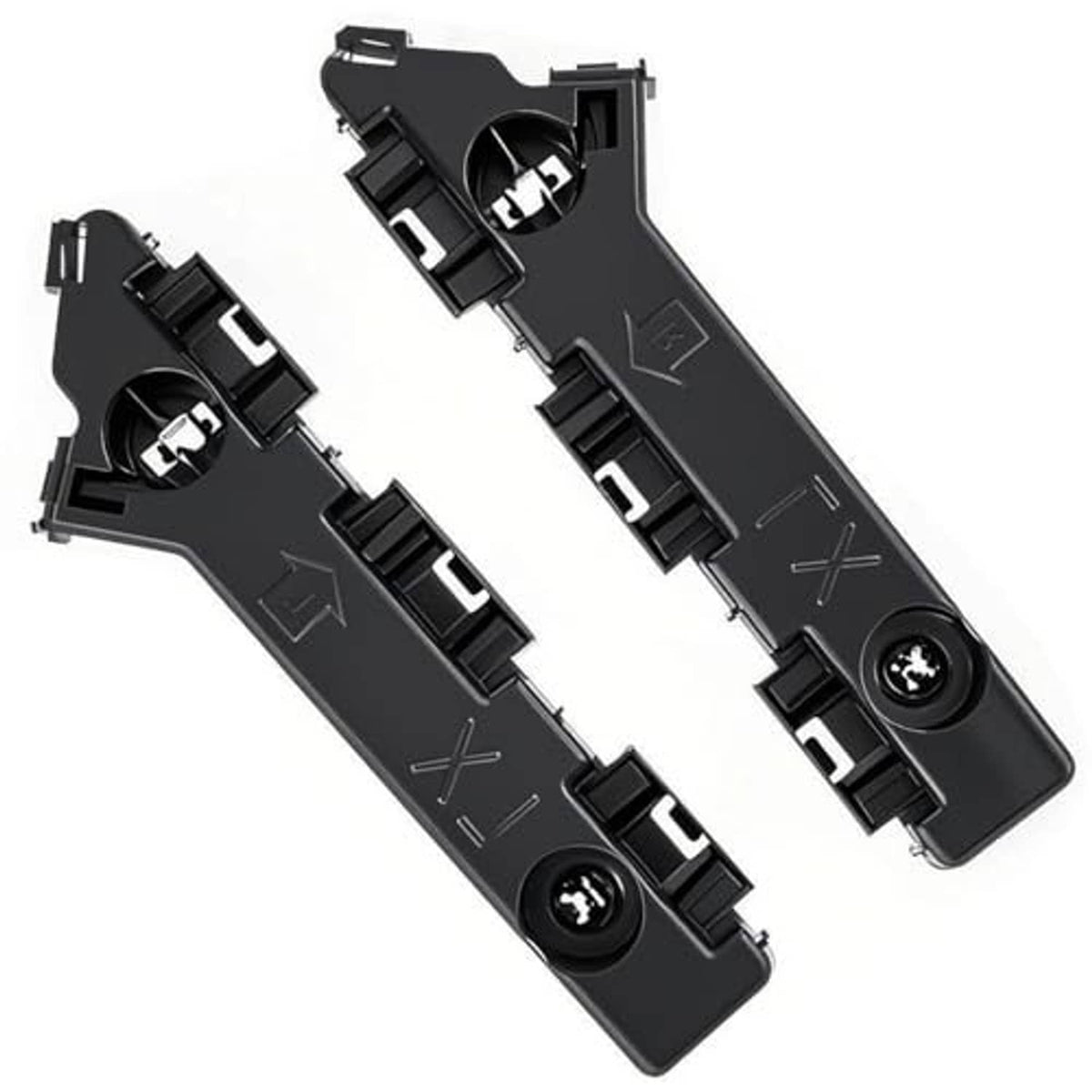 Two black front bumper cover brackets with mounting clips and screw holes
