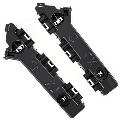 Two black front bumper cover brackets with mounting clips and screw holes