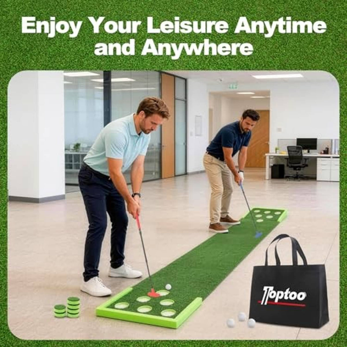 Green golf putting mat for practice with golfers, balls, and a carry bag