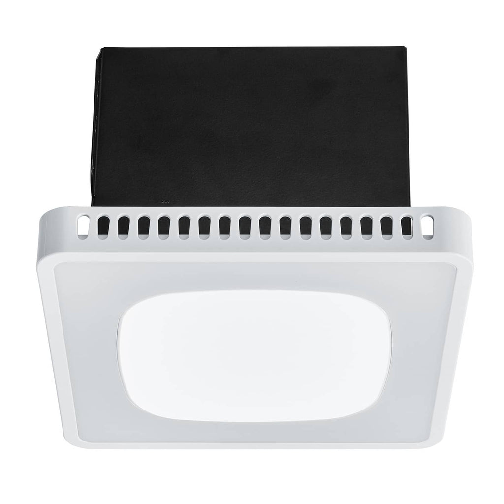 Wall-mounted bathroom ventilation fan with white housing and dark cover, LED light panel