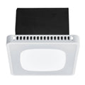 Wall-mounted bathroom ventilation fan with white housing and dark cover, LED light panel