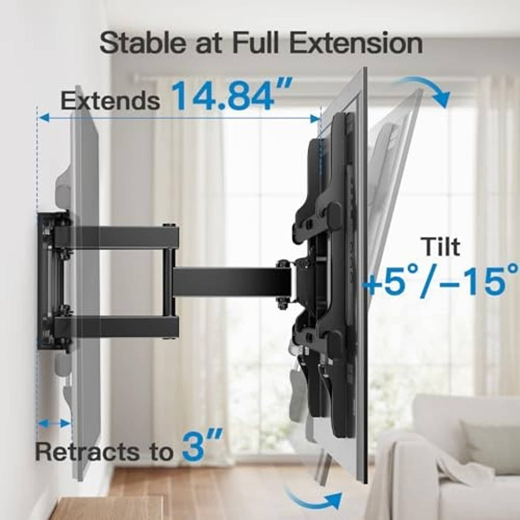 Full motion TV wall mount with tilt mechanism and extended/retracted arms, black