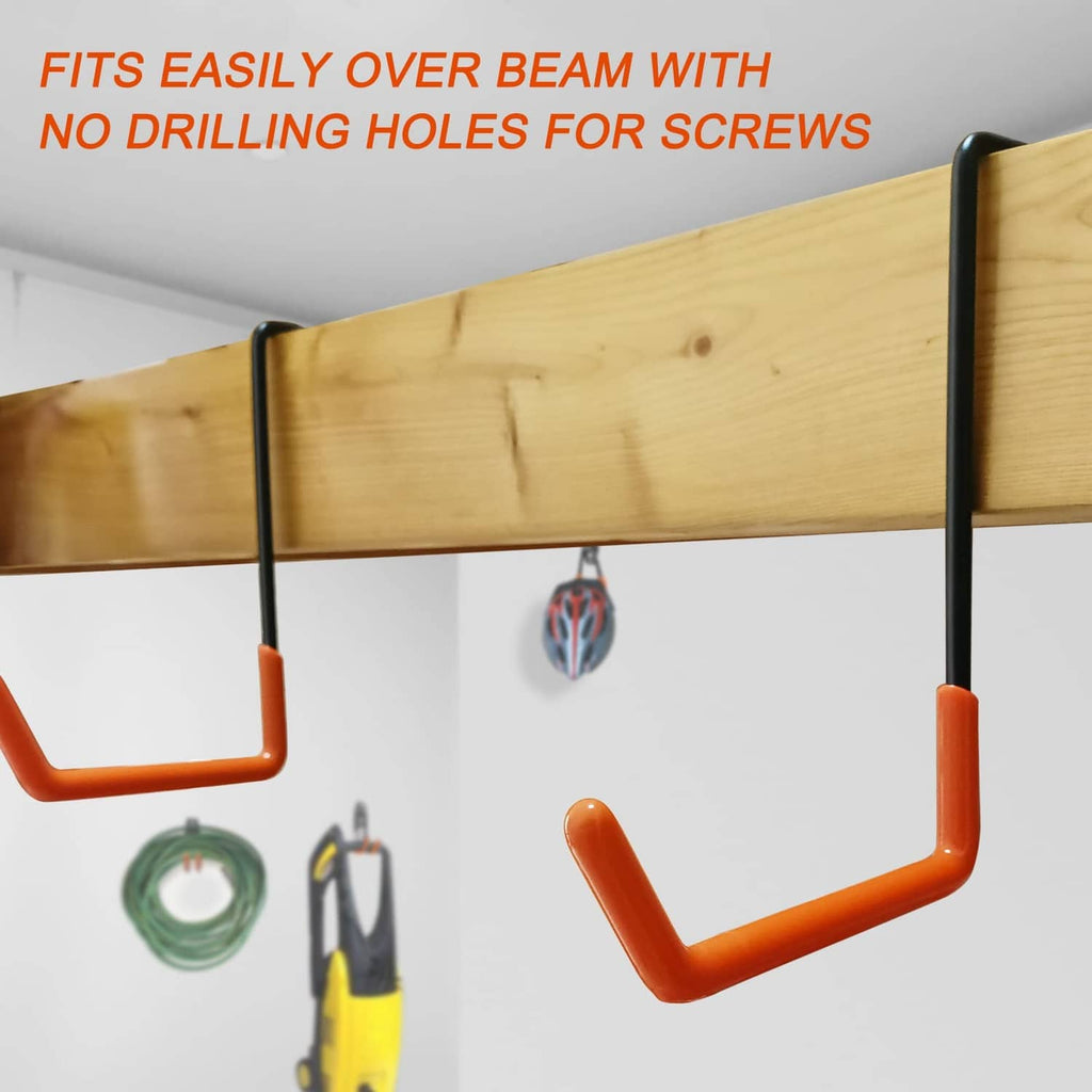 Black mounting rail with orange curved hooks for hanging items under a beam