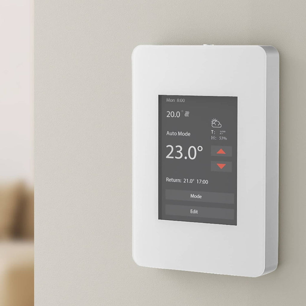 White wall thermostat with TFT screen showing 23.0° temperature