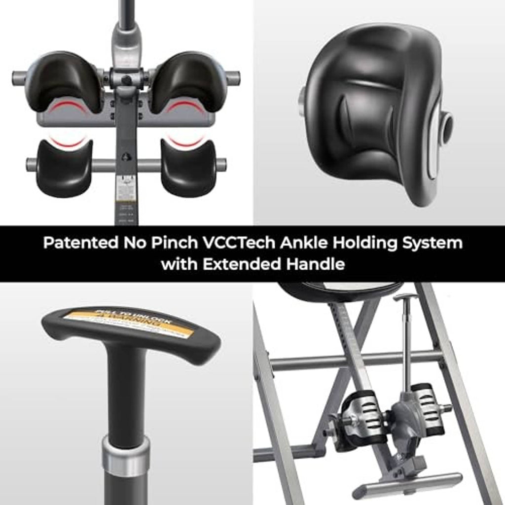 Inversion table with patented no-pinch ankle holding system and extended handle