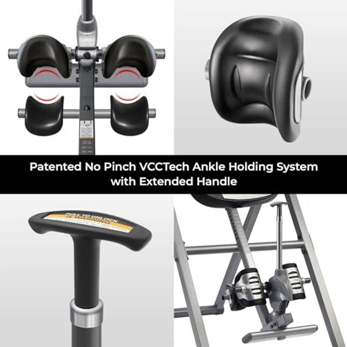 Inversion table with patented no-pinch ankle holding system and extended handle