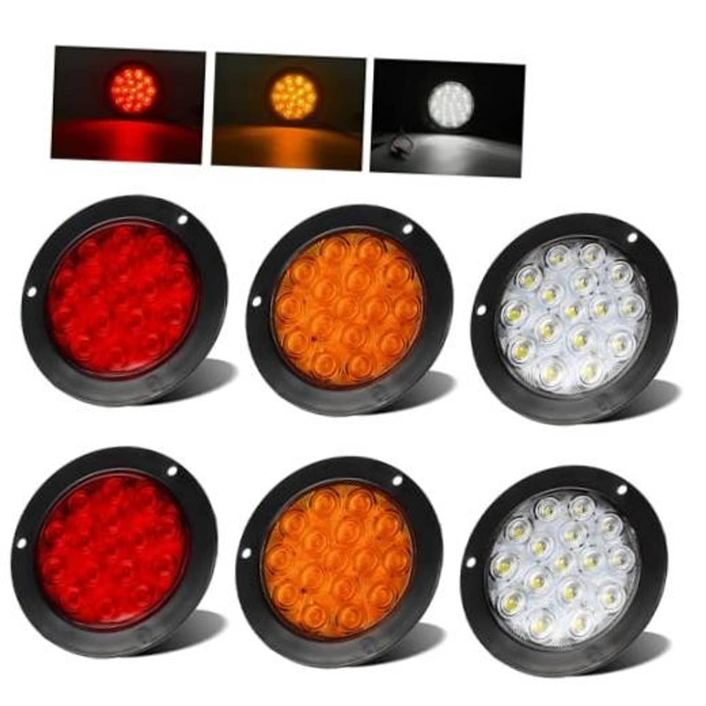 Set of 4-inch round LED trailer tail lights with red, amber, and white lenses in black housings