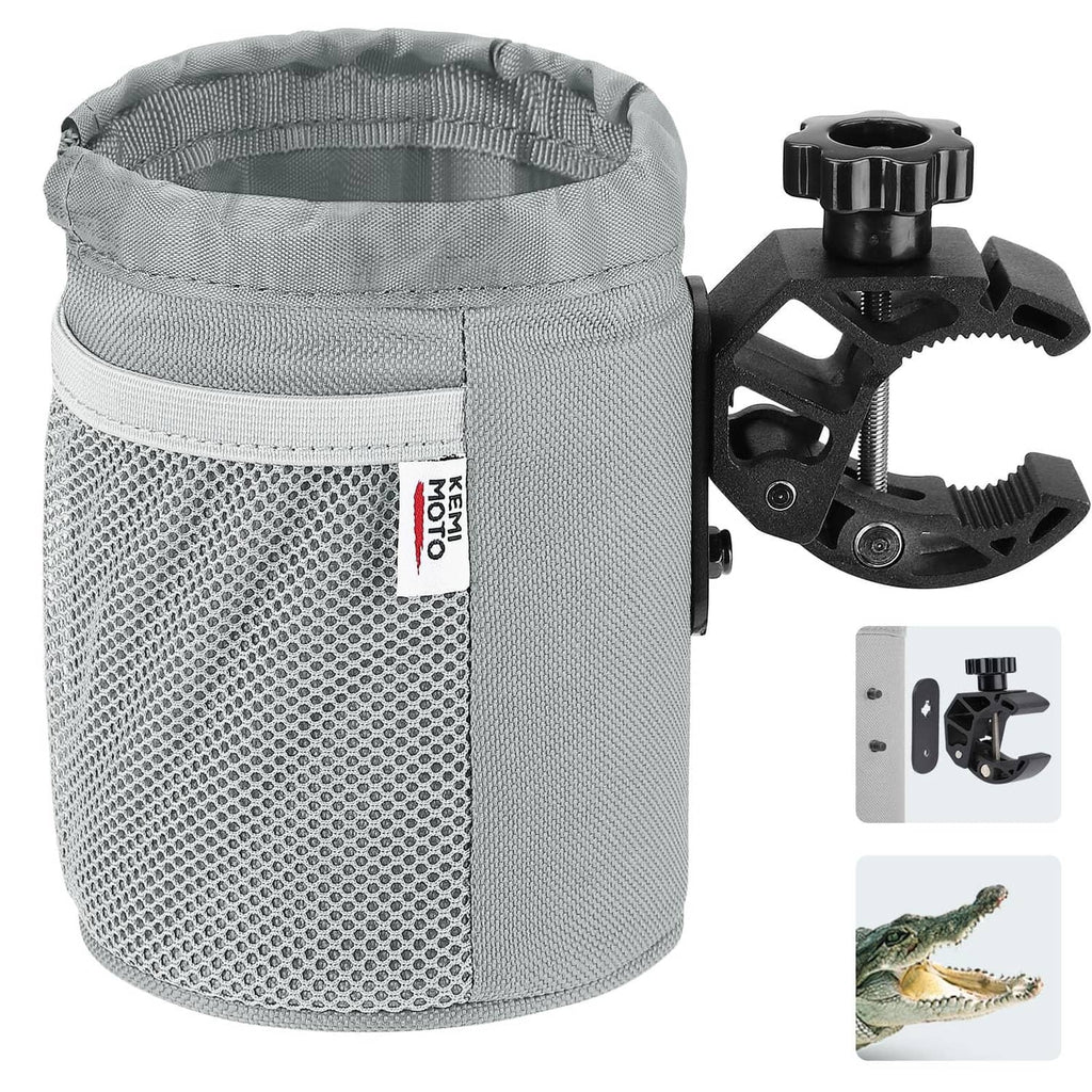 Gray Oxford fabric motorcycle cup holder pouch with mesh side and elastic rim