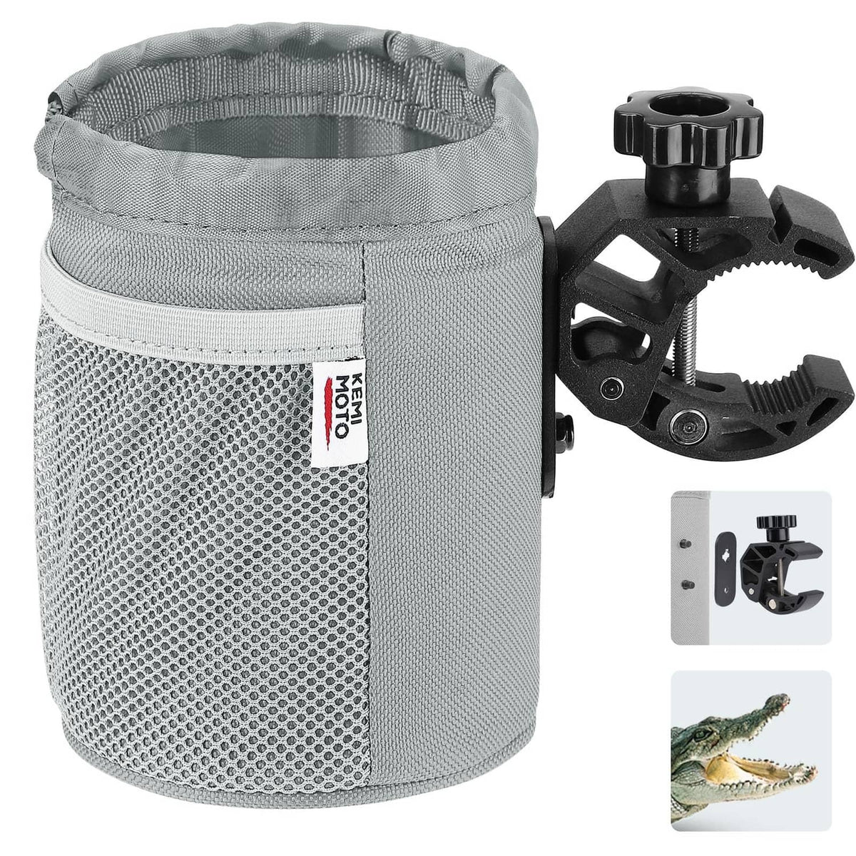 Gray Oxford fabric motorcycle cup holder pouch with mesh side and elastic rim