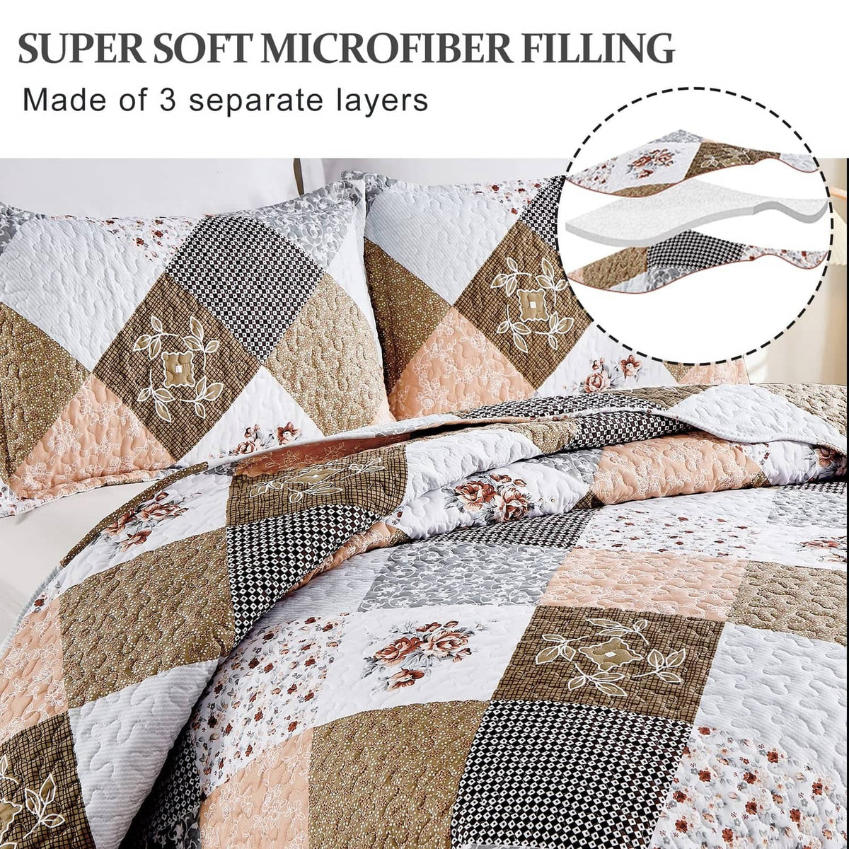 Quilt close-up with brown, tan, gray, and white patchwork blocks and stitched flowers