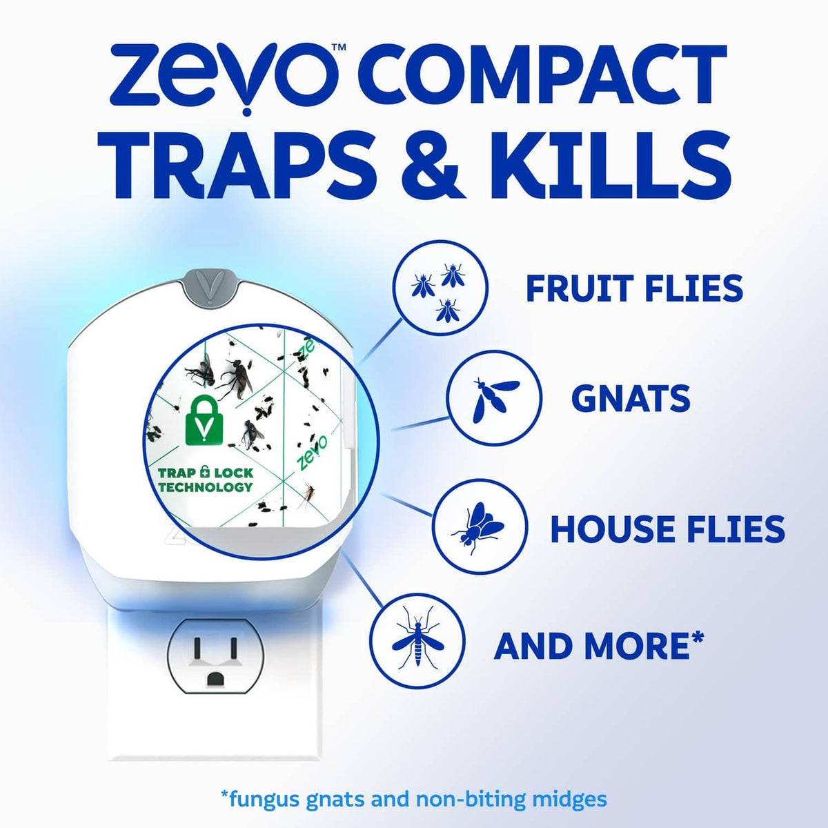 Zevo compact trap refill device with fruit fly, gnat, and house fly icons