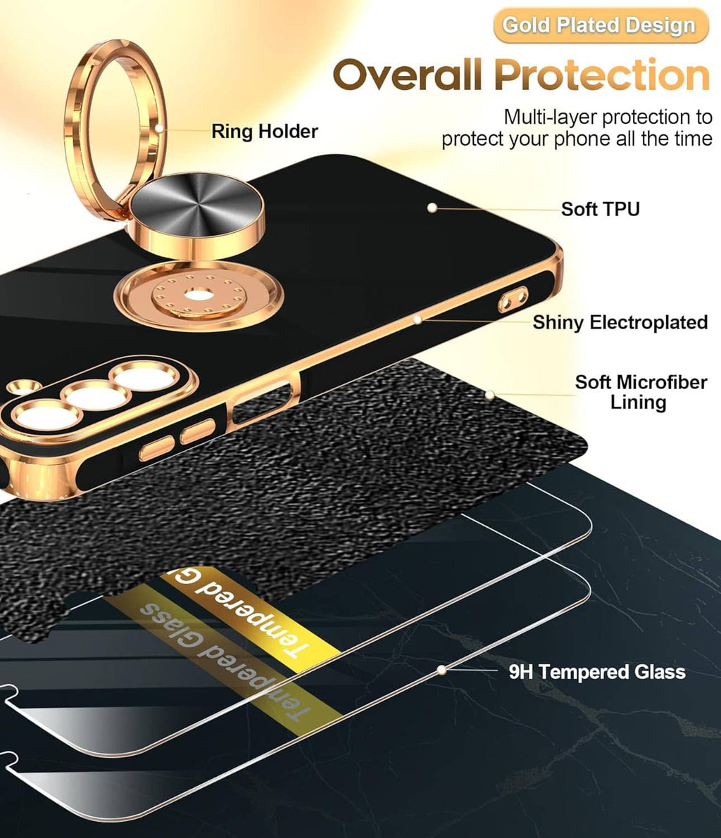 Gold ring holder phone case with soft TPU lining and shiny electroplated edges