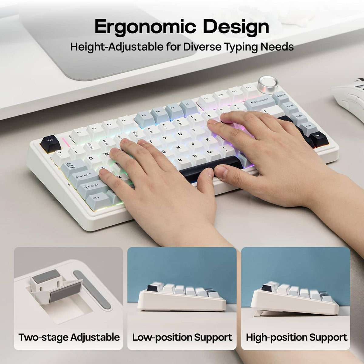 Ergonomic mechanical keyboard with light blue keys and adjustable height stand