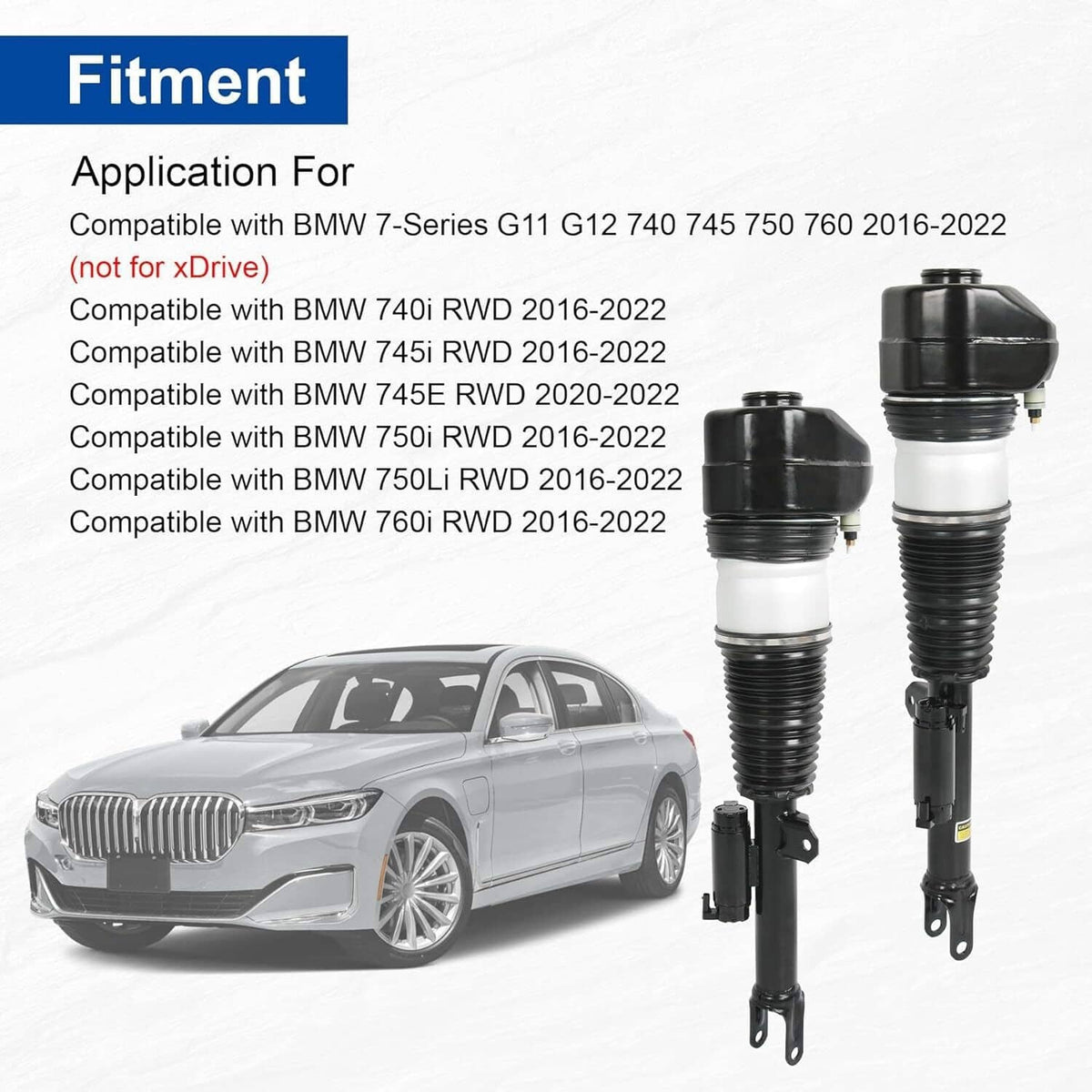 Front air suspension shock struts shown with vehicle fitment lineup and two strut pieces