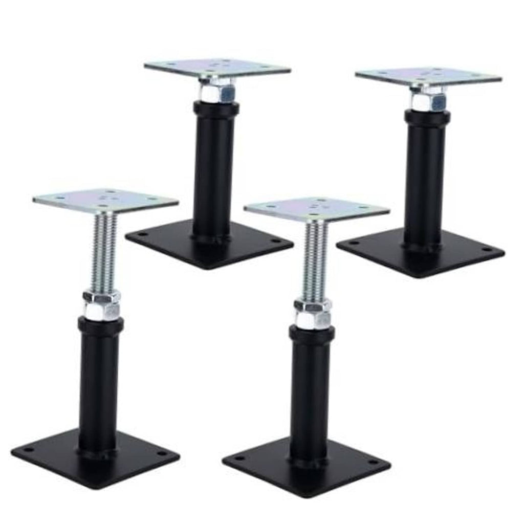 Set of four black steel jack lift supports with square bases and threaded posts