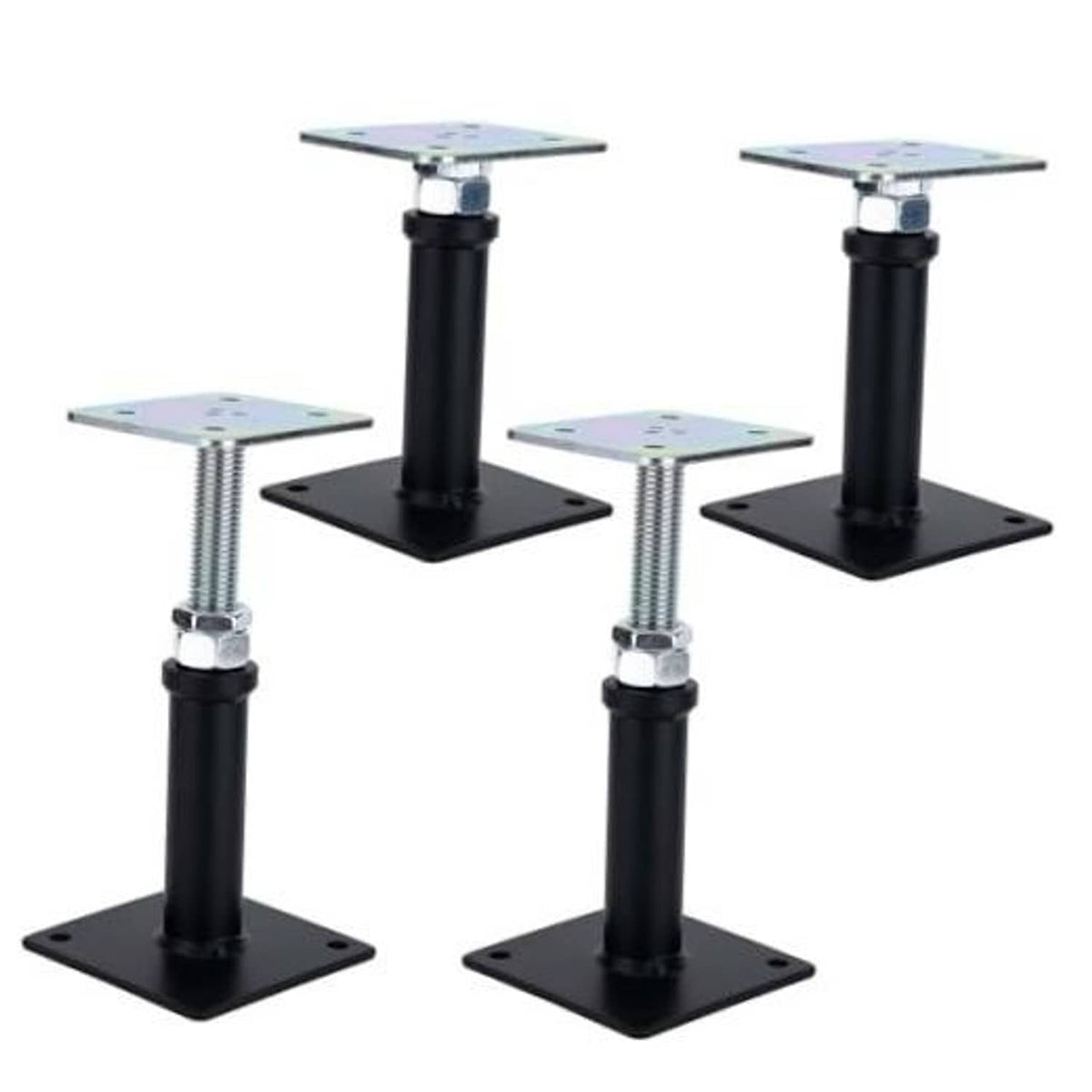 Set of four black steel jack lift supports with square bases and threaded posts