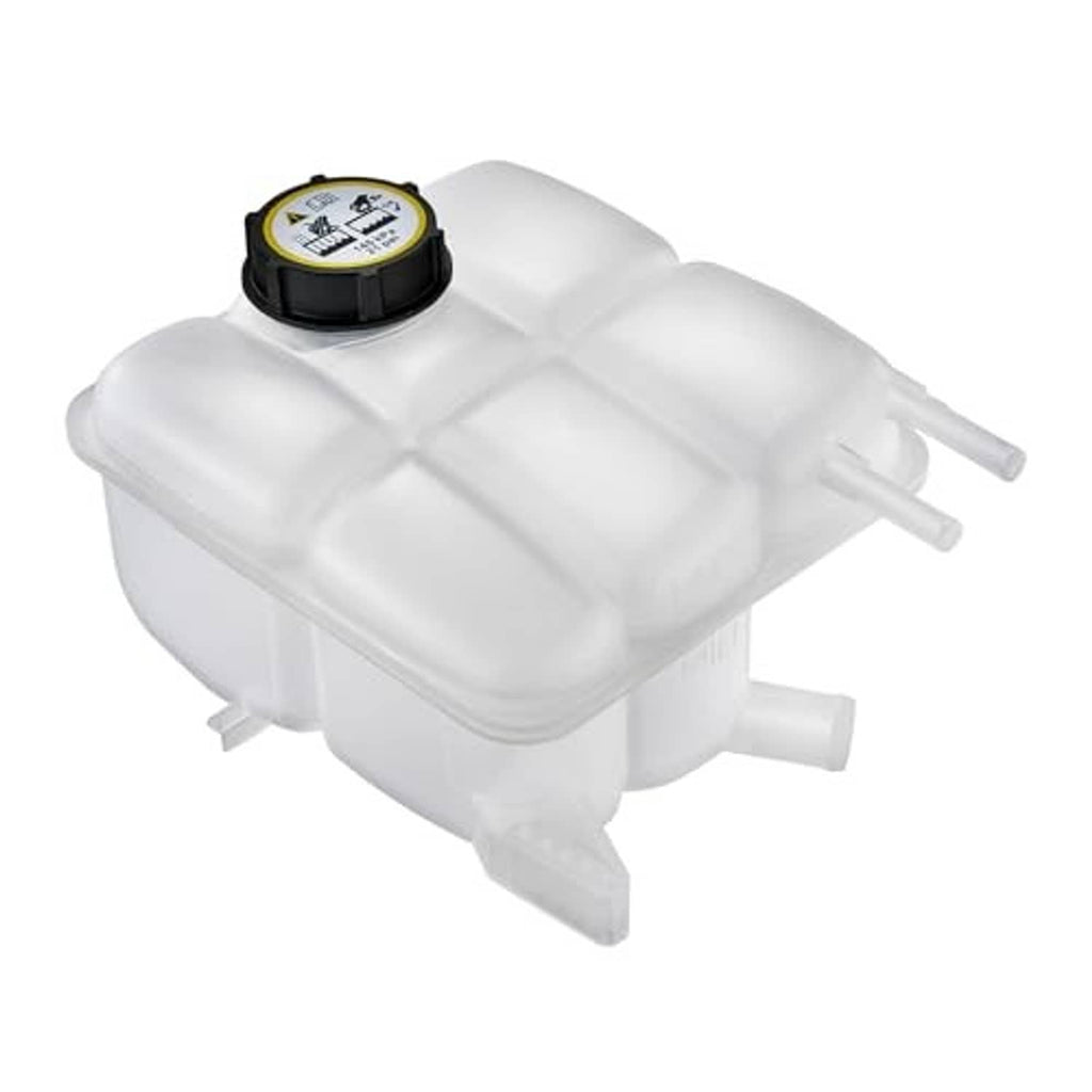 White engine coolant expansion overflow tank with black-rim cap and side tubes