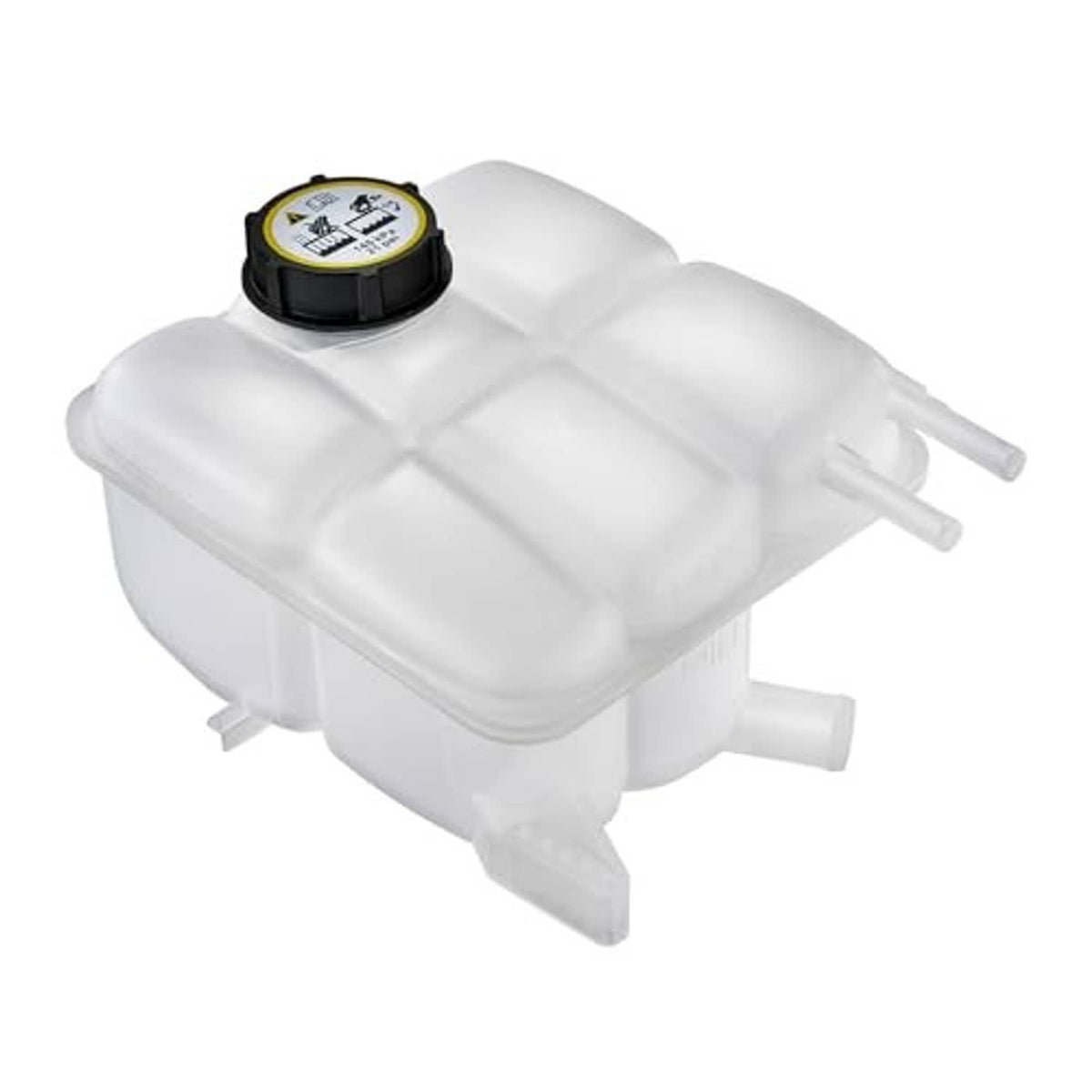 White engine coolant expansion overflow tank with black-rim cap and side tubes
