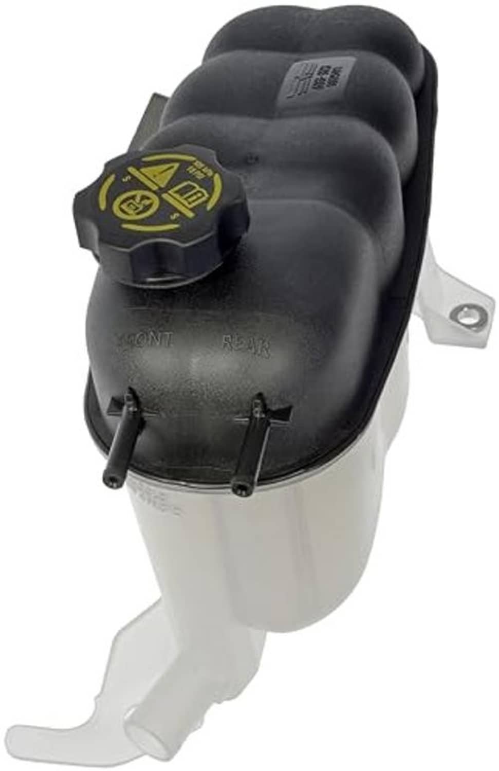 Black coolant reservoir with yellow-labeled cap and mounting arm