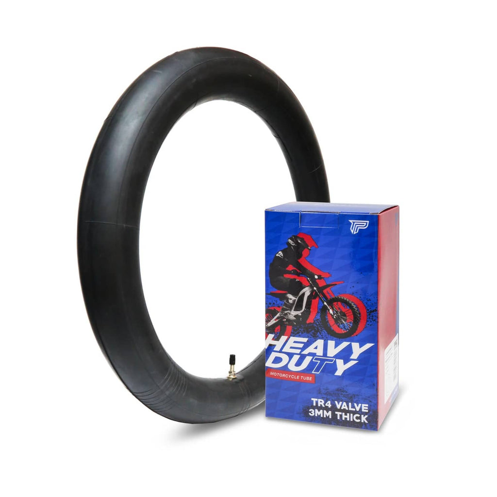 Heavy-duty motorcycle inner tube with valve stem and retail package, black rubber.