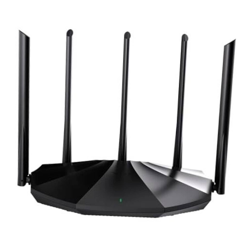 Black WiFi router with multiple upright antennas and a low, octagonal base