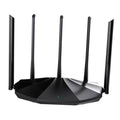 Black WiFi router with multiple upright antennas and a low, octagonal base