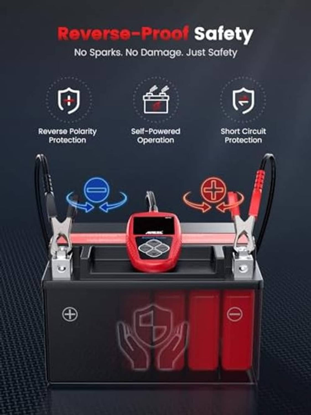 Car battery tester with red clamp leads, reverse polarity and short-circuit safety icons.
