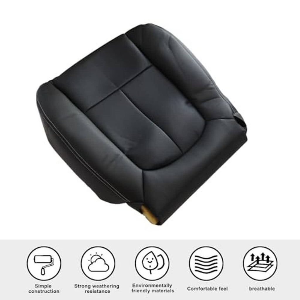 Black leather seat cover replacement viewed from side with top seam stitching
