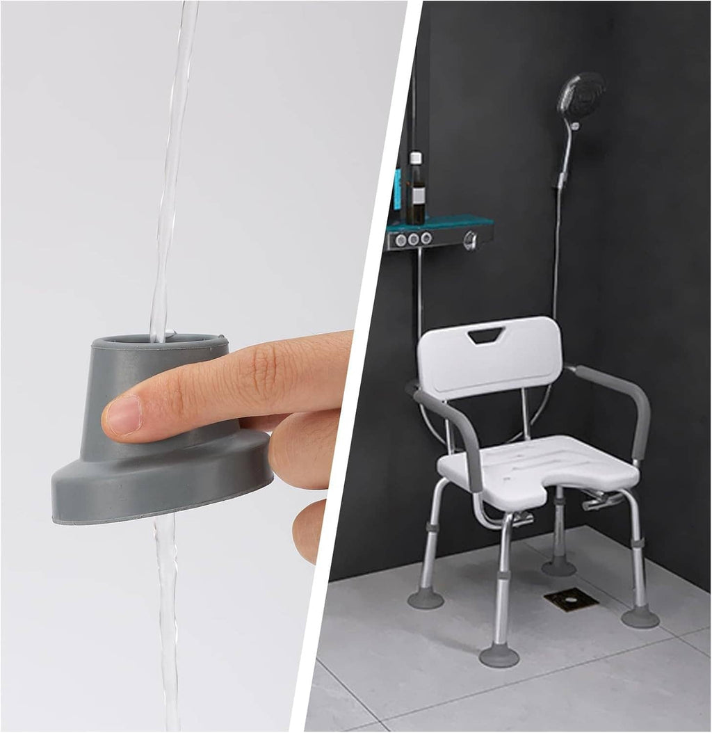 Gray replacement shower chair rubber tips for chair legs, shown with water spray