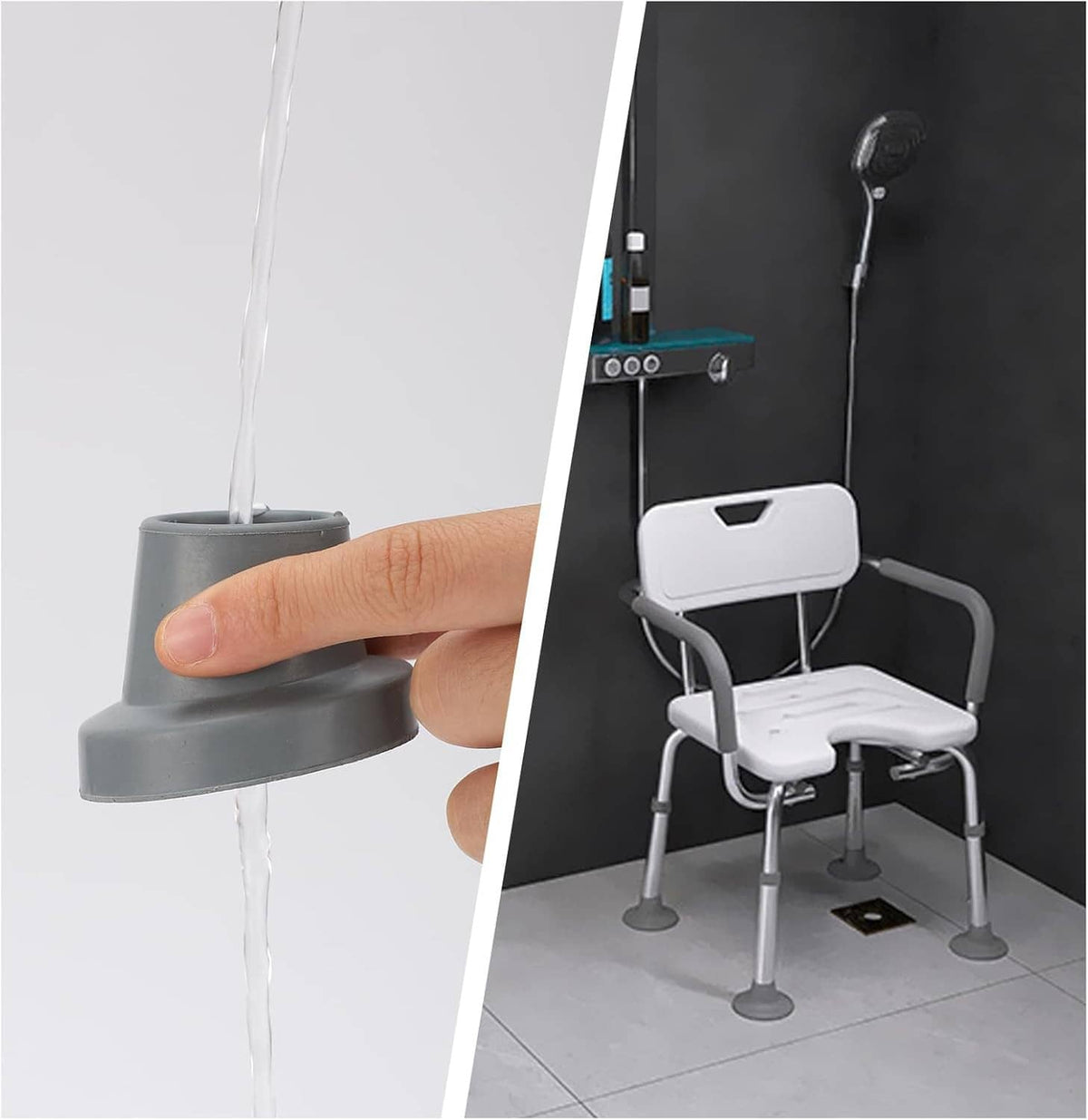 Gray replacement shower chair rubber tips for chair legs, shown with water spray