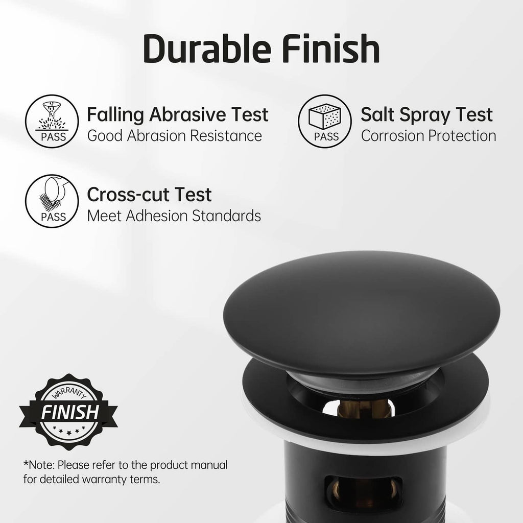 Matte black bathroom sink drain pop-up stopper with durable finish