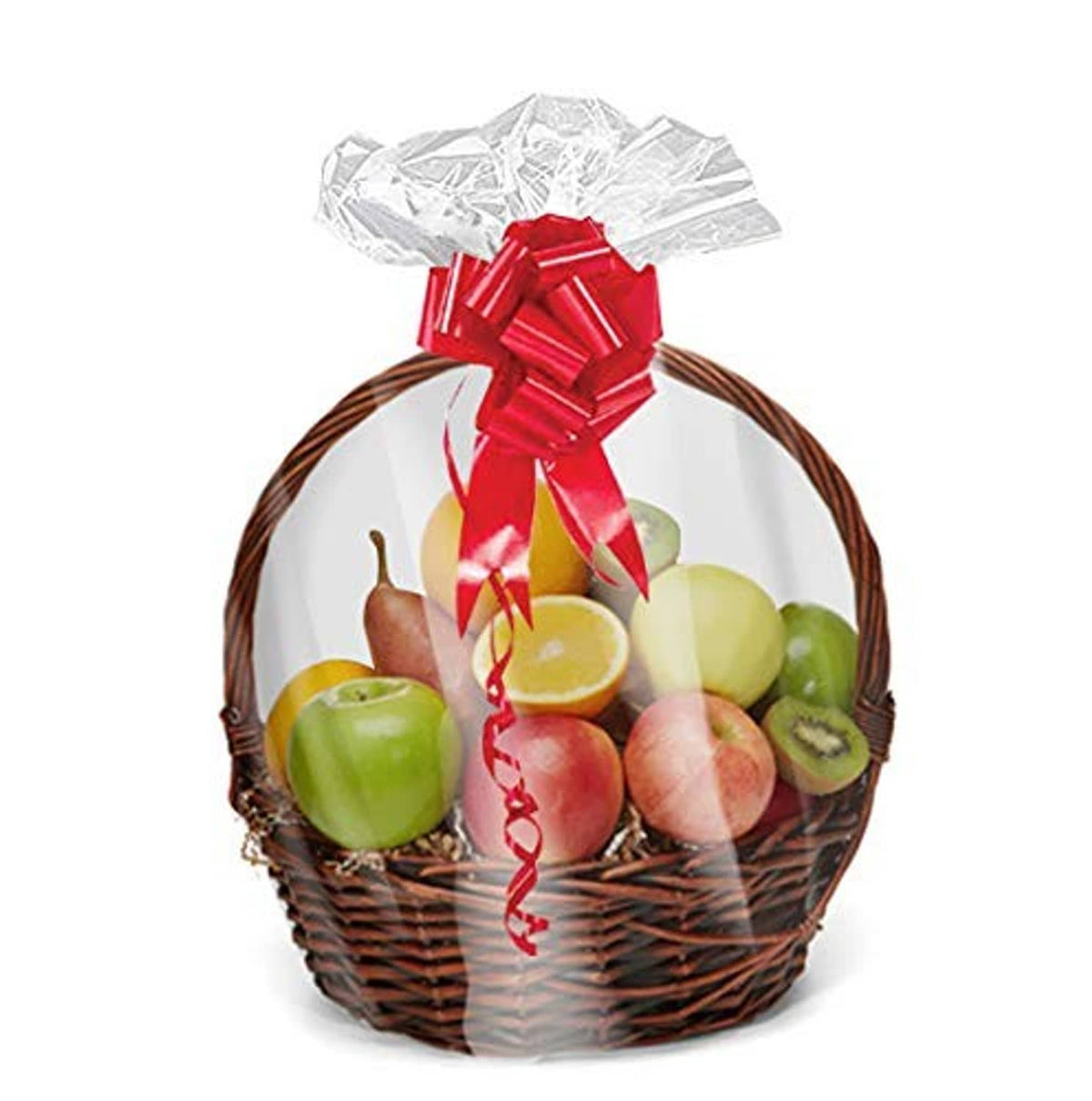 Clear shrink wrap basket bag covering gift basket with red bow and fruit