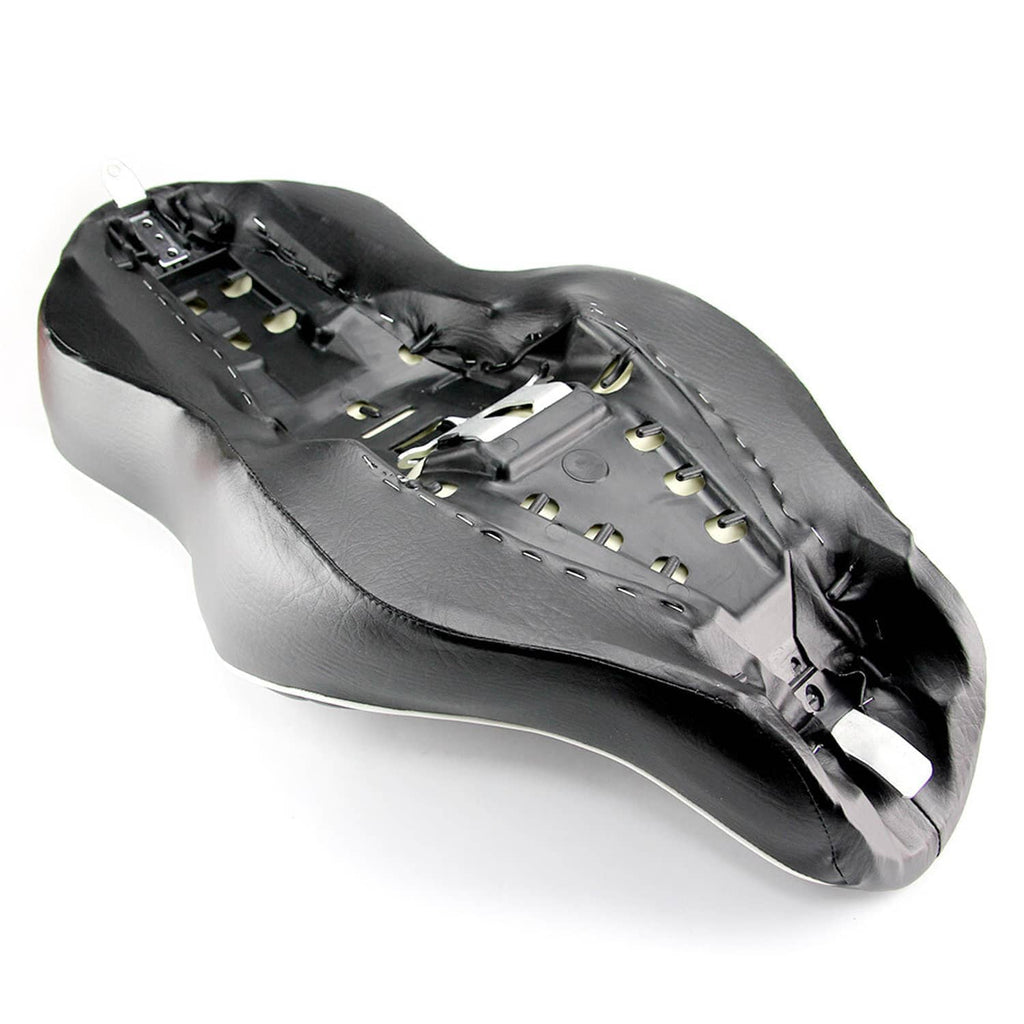 Black two-up motorcycle seat cushion with driver and passenger mounting hardware