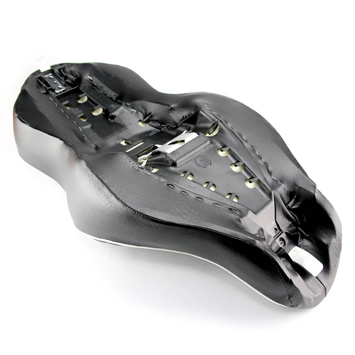 Black two-up motorcycle seat cushion with driver and passenger mounting hardware